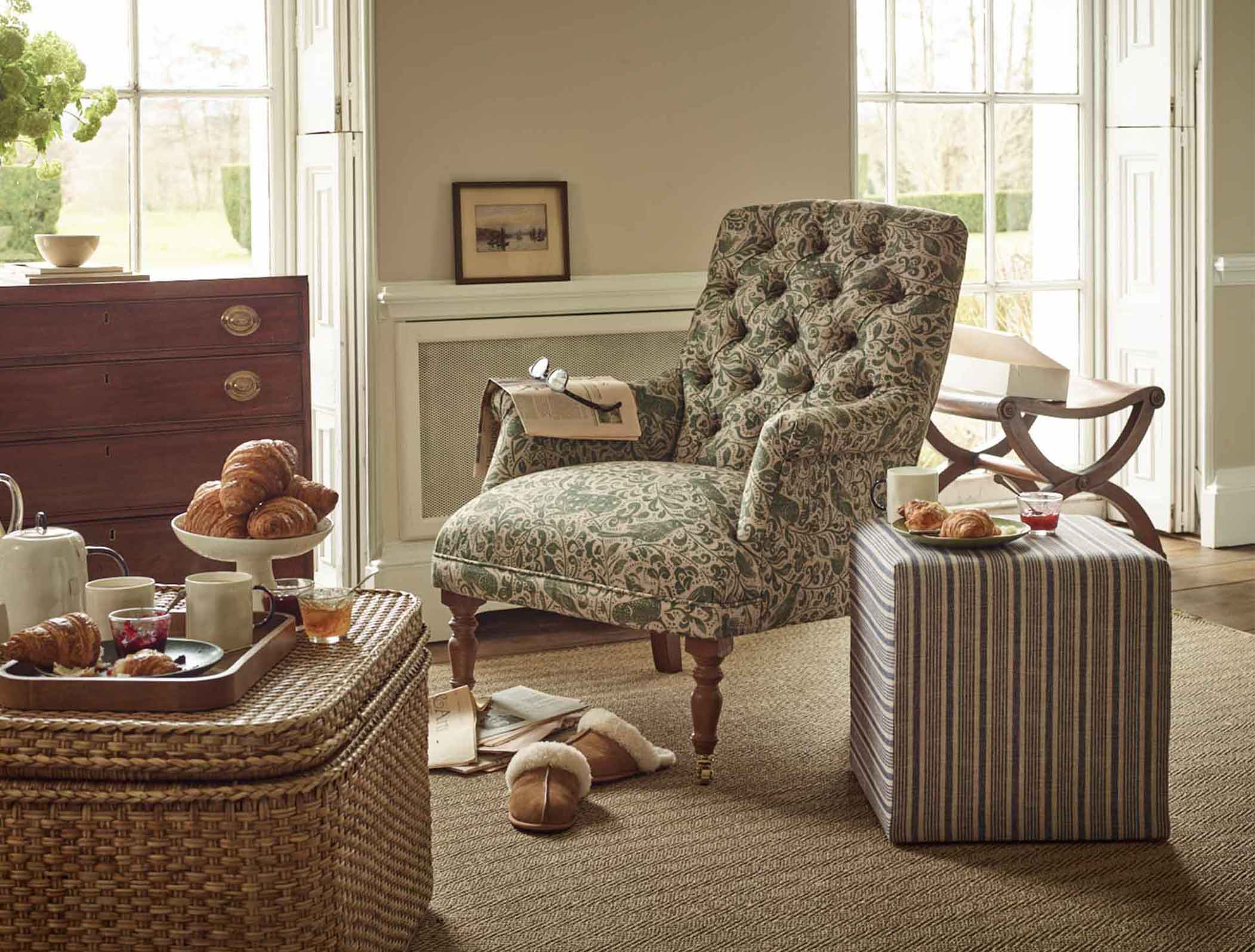 Snape chair in Spill Resistant V&A Bird & Rabbit Dark Green and Cube footstool in Spill Resistant RHS Ettas Stripe Ink